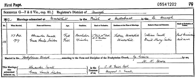 Marriage Certificate of Alexander Small and Grace Louise Sinton - 27 December 1917