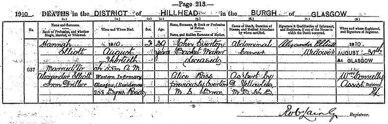 Death Certificate of Hannah Elliott (née Everton) - 39 August 1910