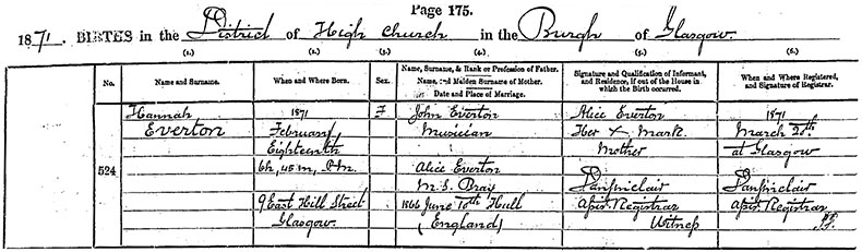 Birth Certificate of Hannah Everton - 18 February 1871