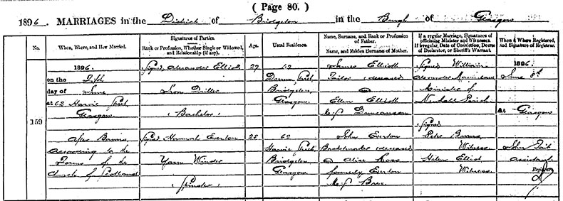 Marriage Certificate of Alexander Elliott and  Hannah Everton - 5 June 1910