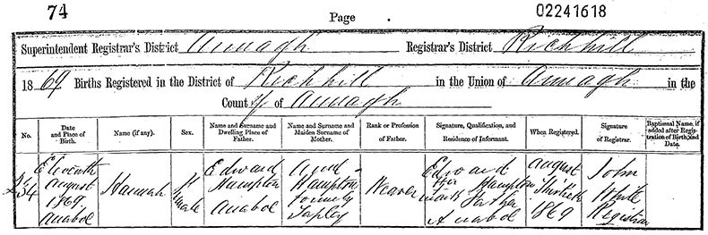 Birth Certificate of Hannah Hampton - 11 August 1869