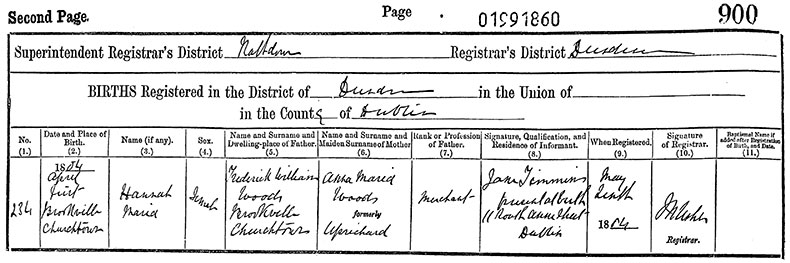 Birth Certificate of Hannah Maria Woods - 1 April 1884