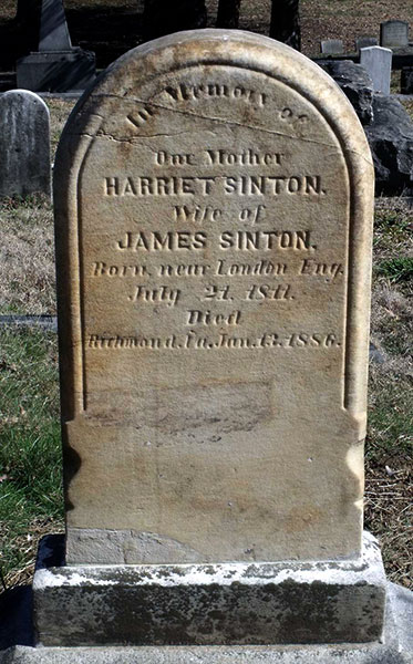 Headstone of Harriet Sinton 1810 - 1886