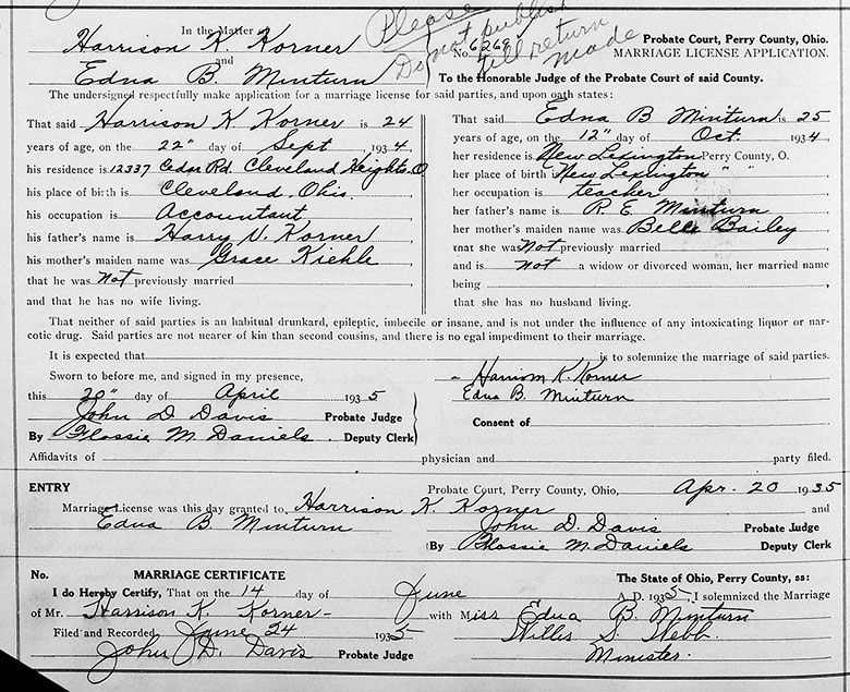 Marriage Details of Harrison K. Korner and Edna B. Minturn - 14 June 1935