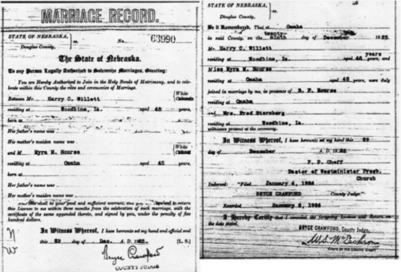 Marriage Details of Harry Cortez Willett and Myra Moore Nourse - 29 December 1925