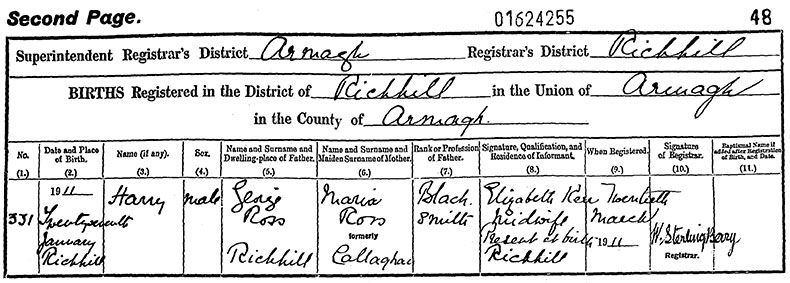 Birth Certificate of Harry Ross - 27 January 1911