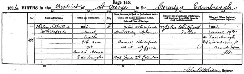 Birth Certificate of Helen Baillie Whiteford - 6 March 1894