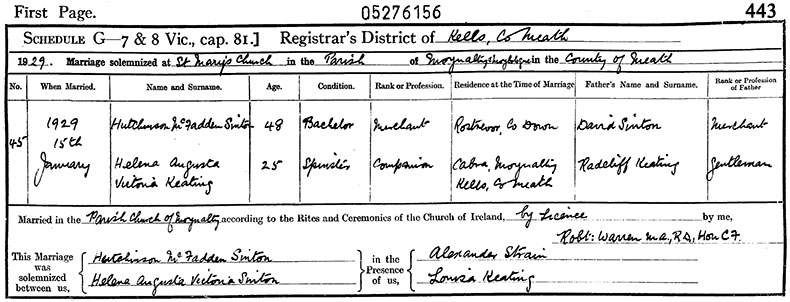 Marriage Certificate of Hutchinson McFadden Sinton and Helena Augusta Victoria Keating - 15 January 1929