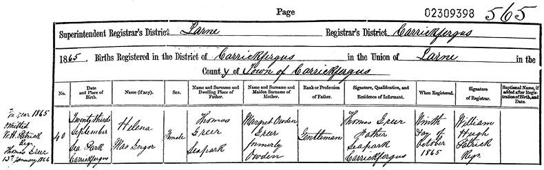 Birth Certificate of Helena MacGregor Greer - 23 September 1865