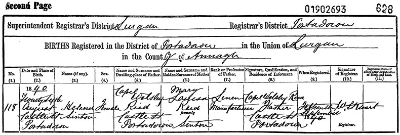 Birth Certificate of Helena Sinton Reid - 26 August 1890