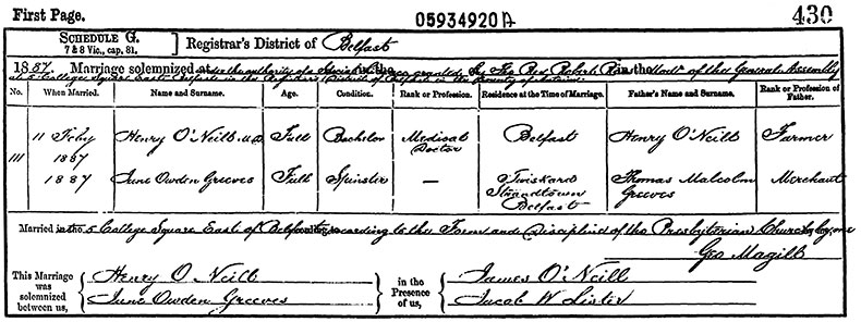 Marriage Certificate of Henry O'Neill and Jane Owden Greeves - 11 February 1887