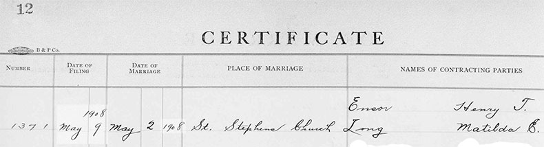 Marriage Certificate of Henry Taylor Ensor and Elizabeth Caroline Howard - 2 May 1908