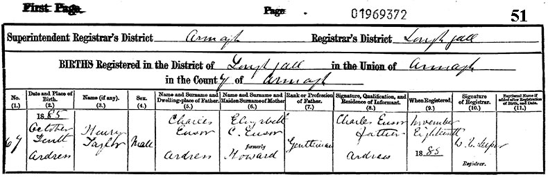 Birth Certificate of Henry Taylor Ensor - 10 October 1885
