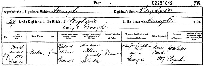 Birth Certificate of Hester Annette Allen - 4 March 1867