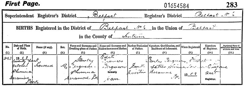 Birth Certificate of Howard Ferguson - 21 October 1908