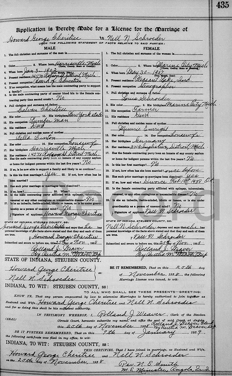 Marriage Registration of Howard George Cherritree and Nell N. Schroeder - 25 November 1938