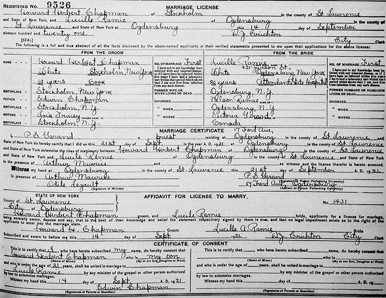 Wedding Certificate of Howard Chapman and Lucille Ramie - 21 September 1921