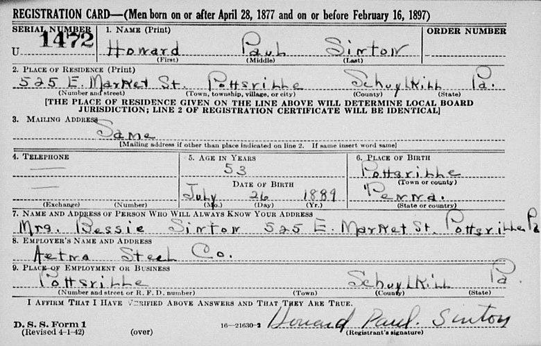 World War II Draft Registration Card of Howard Paul Sinton