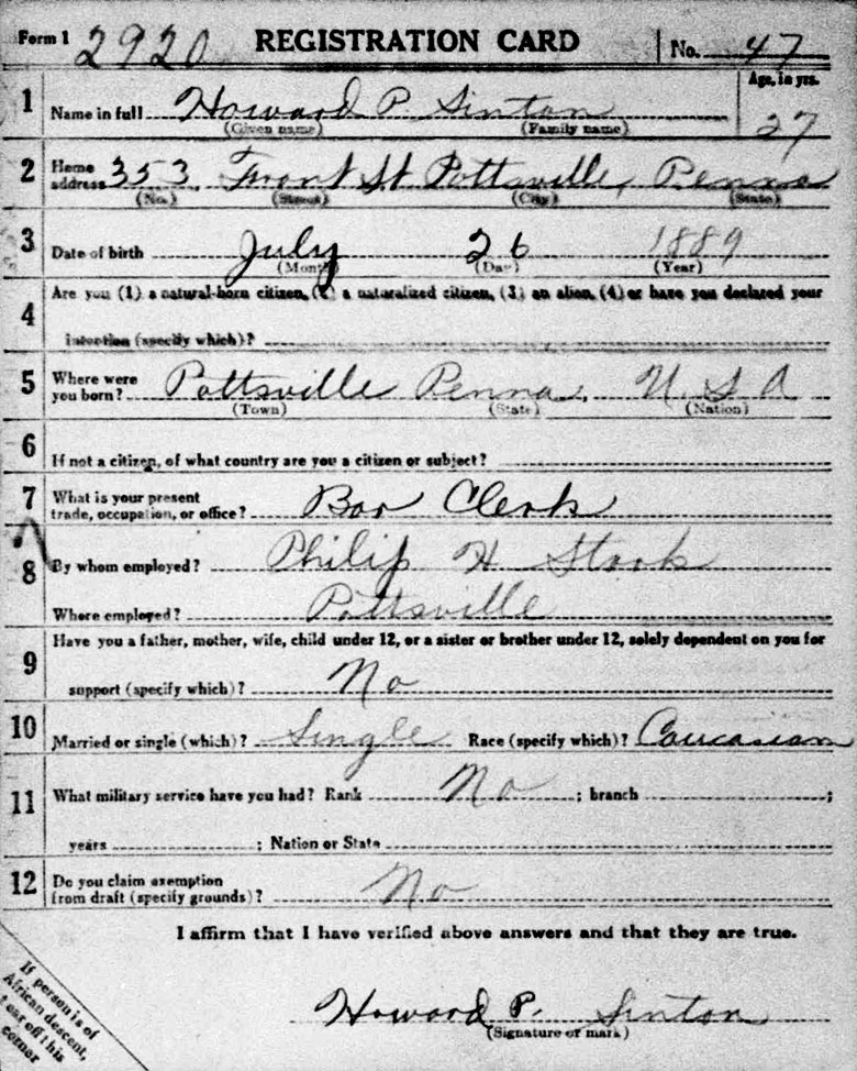 World War I Registration Card of Howard Paul Sinton