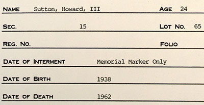 Cemetery Record for Howard Sutton III 1938 - 1962