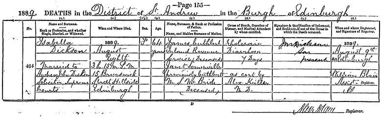 Death Certificate of Isabella Dickson (née Cuthbert) - 8 August 1889