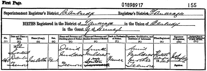 Birth Certificate of Isabella Muldrew - 17 December 1891