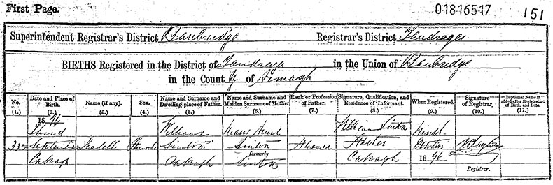 Birth Certificate of Isabella Sinton - 3 September 1896