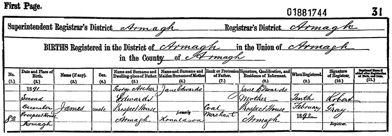 Birth Certificate of James Edwards - 2 December 1891