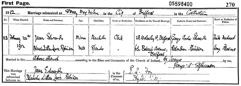 Marriage Certificate of James Edwards and Blanche Lilian Lewis Robinson - 22 February 1912