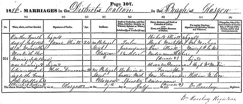 Marriage Certificate of James Elliott and Hellen Duncanson - 4 July 1856