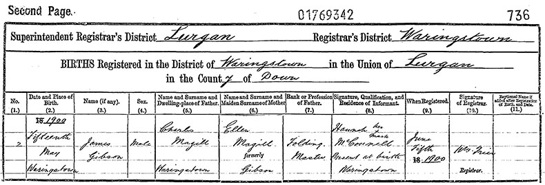 Birth Certificate of James Gibson Magill - 15 May 1900