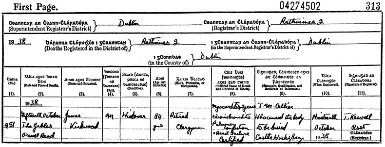 Death Certificate of James Kirkwood - 15 October 1938
