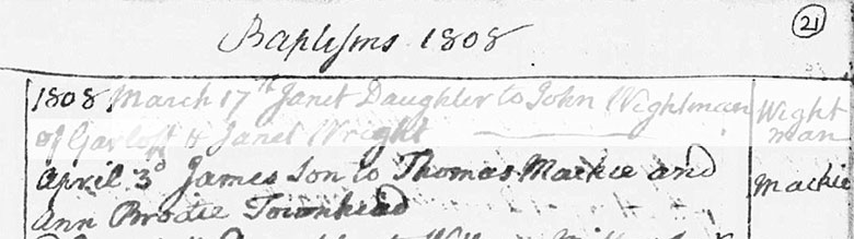 Baptism record for James Mackie 1808 - 1887