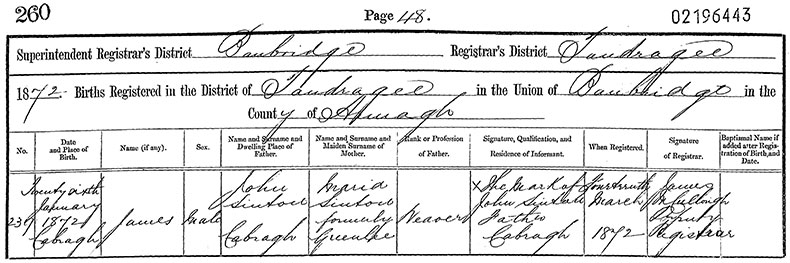Birth Certificate of James Sinton - 26 January 1872