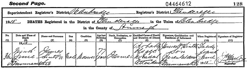 Death Certificate of James Sinton - 9 June 1915