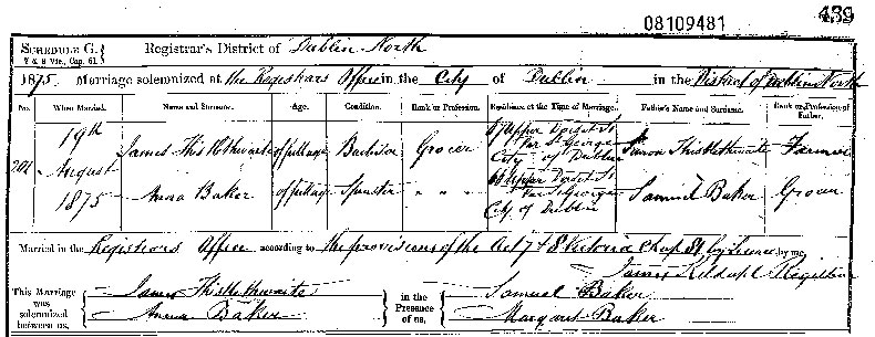 Marriage Certificate of James Thistlethwaite and Anna Baker - 19 August 1875