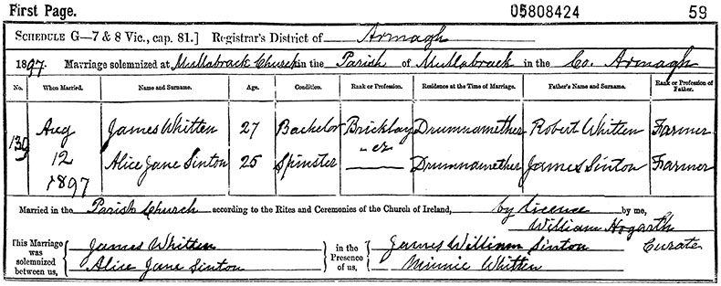 Marriage Certificate of James Whitten and Alice Jane Sinton - 12 August 1897