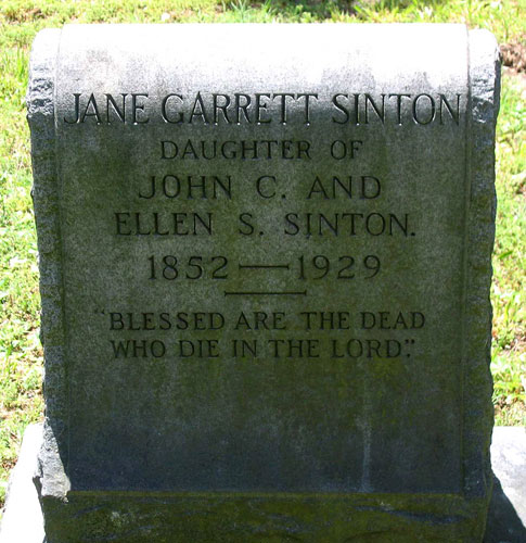 Headstone of Jane Garrett Sinton 1852 - 1929