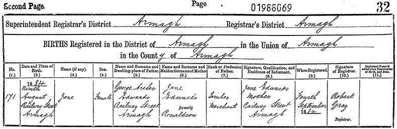 Birth Certificate of Jane Jean Edwards - 9 August 1884