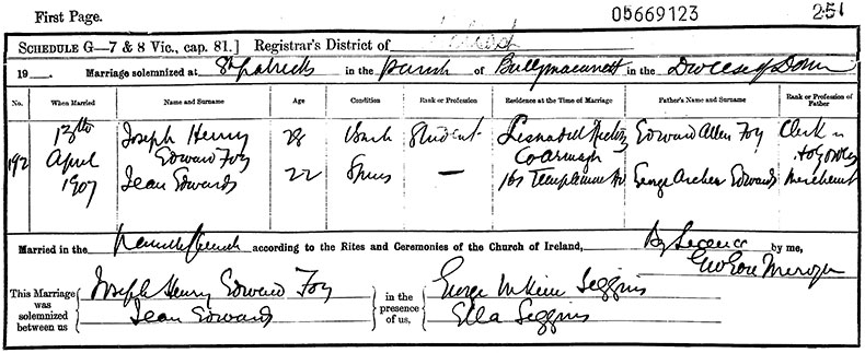 Marriage Certificate of Joseph Henry Edward Foy and Jean Edwards - 13 April 1907