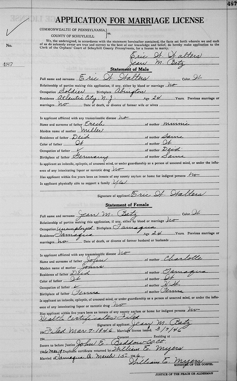 Marriage Registration of Eric William Walter and Jean Mae Betz - 15 March 1946