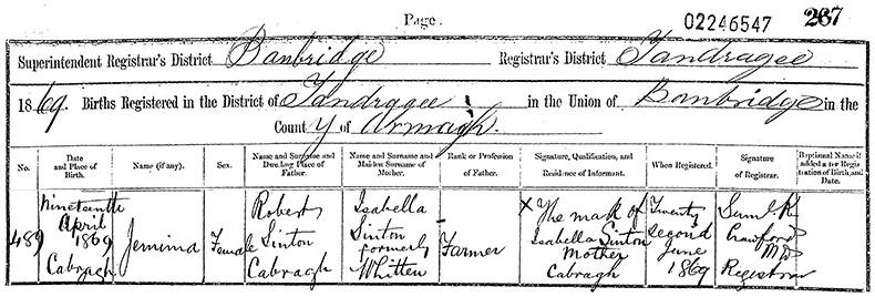 Birth Certificate of Jemima Sinton - 19 April 1869