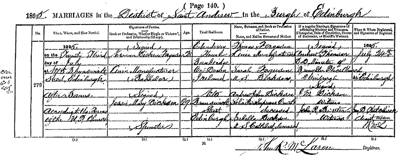 Marriage Certificate of Norman Dickson Ferguson and Jessie Mary Dickson - 23 July 1895