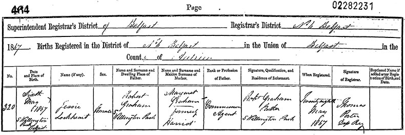 Birth Certificate of Jessie Lockhart Graham - 6 May 1867