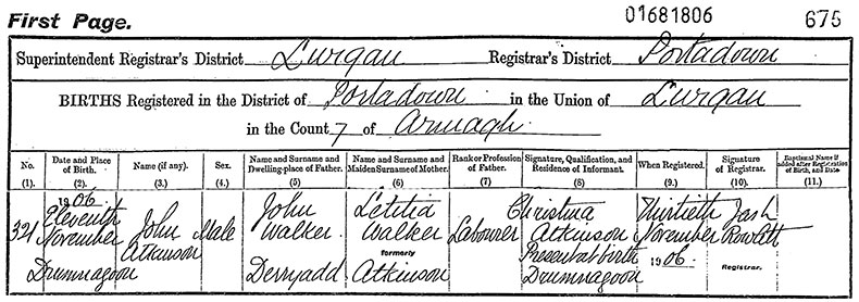 Birth Certificate of John Atkinson Walker -	11 November 1906