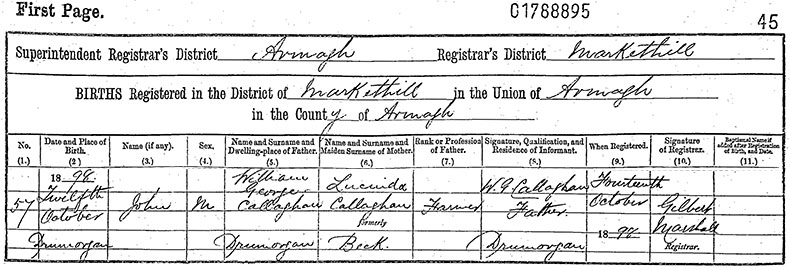 Birth Certificate of John Callaghan - 12 October 1898