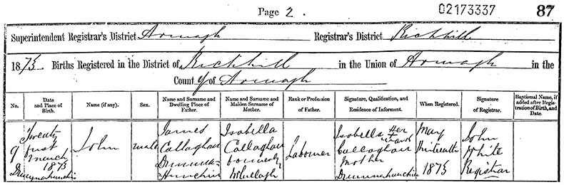 Birth Certificate of John Callaghan - 21 March 1873