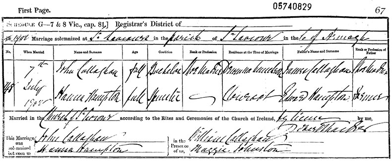 Marriage Certificate of John Callaghan and Hanna Hampton - 7 July 1902