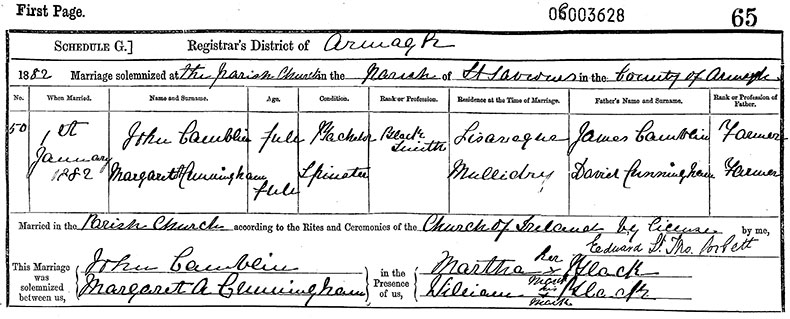 Marriage Certificate of John Camblin and Margaret Ann Cunningham - 1 January 1882
