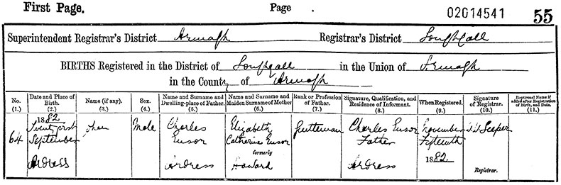 Birth Certificate of John Ensor - 21 September 1882